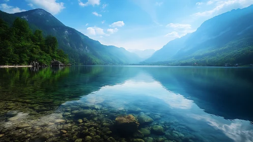 Crystal lake mirrors soft blue mountains in quiet morning