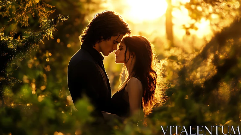 Two figures positioned at close proximity within golden hour forest environment