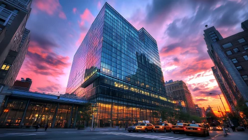 Sunset city tower glows warmly above busy evening taxis