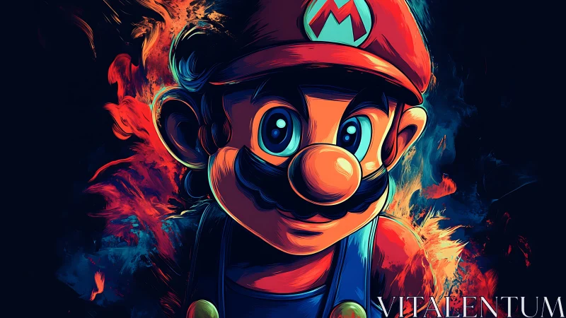 Digital portrait of cartoon plumber in vivid neon colors.