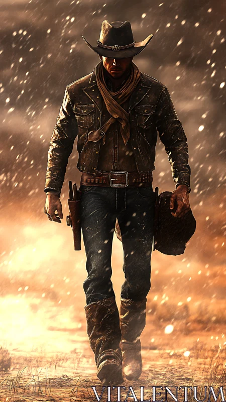 Lone gunslinger strides through sunlit desert storm.