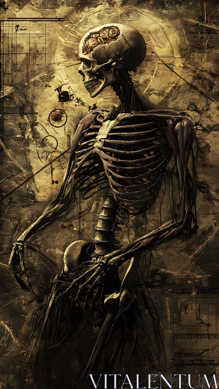 Biomechanical skeletal diagram under alchemical schematics.