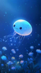 Cute glowing jellyfish character over blue sea plants.
