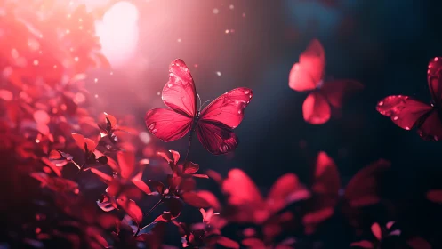 Digital painting of luminous red butterflies in twilight forest.