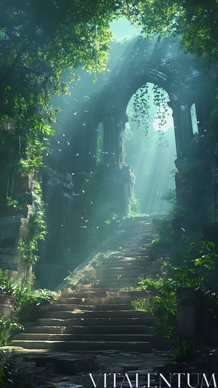 Sunlit jungle stairway through ancient stone arches.
