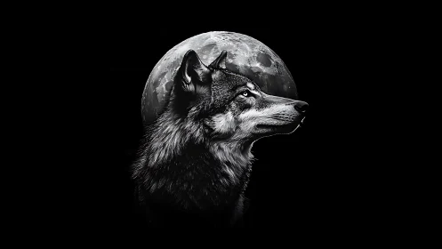 Lone wolf profile in monochrome against luminous full moon.