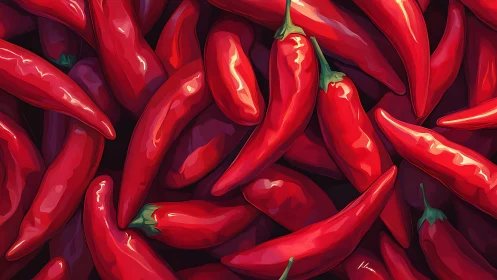 Red chili peppers are depicted in dense overlapping arrangement