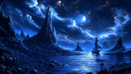 Moonlit seascape with rocky spires and solitary sailboat.