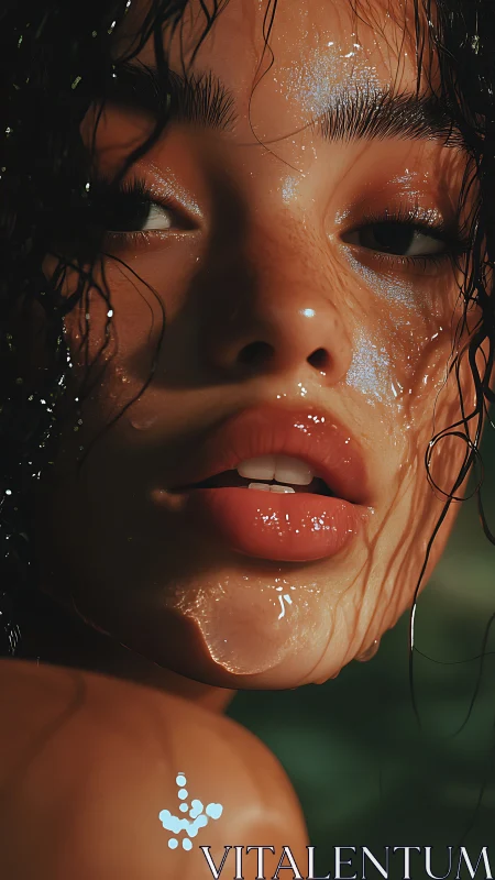 Close wet face of young woman rendered in photoreal detail