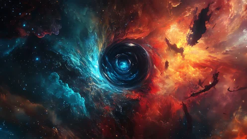 Central cosmic vortex amid contrasting nebula clouds.