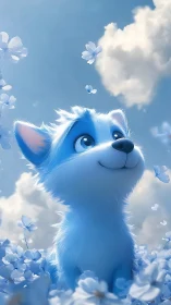 Blue-furred puppy in volumetric sky bloom environment.