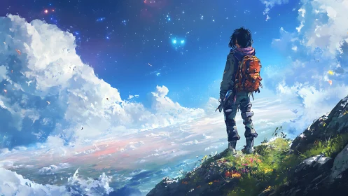 Backpacker stands on cliff edge under expansive starry sky