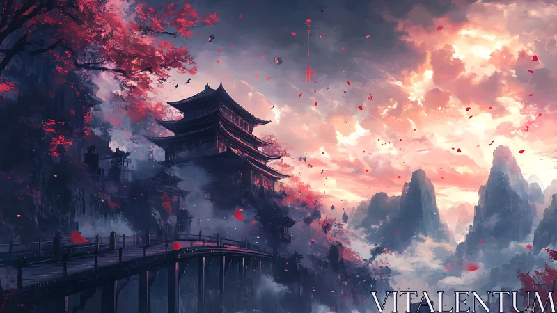 Mountain temple rises beneath a blazing crimson sky.