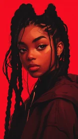 Crimson-lit portrait of braided woman in graphic realism.
