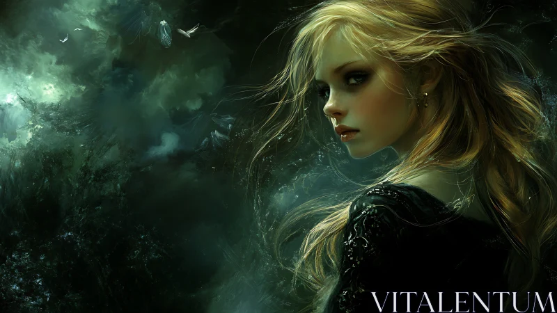 Ethereal blonde heroine in stormlit green fantasy forest