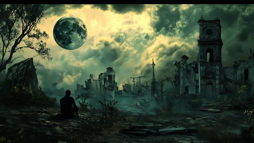 Solitary figure observes ruined city under ominous green moon