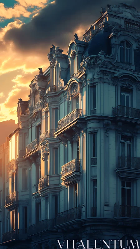 Sunset light traces ornate details on grand city façade.