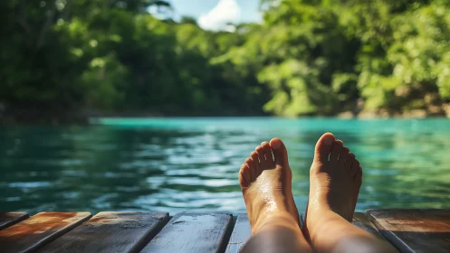 Bare feet on lakeside dock in lush tropical serenity.