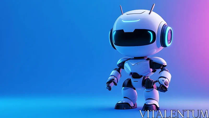 Futuristic chibi robot under neon blue and magenta rim light.