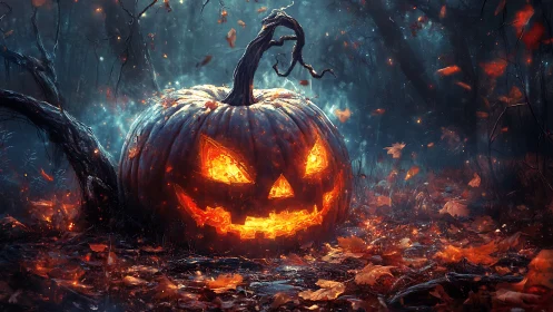 Glowing jack o’lantern smiles boldly in a misty autumn forest