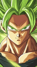 Green-haired anime warrior portrait with intense energy.