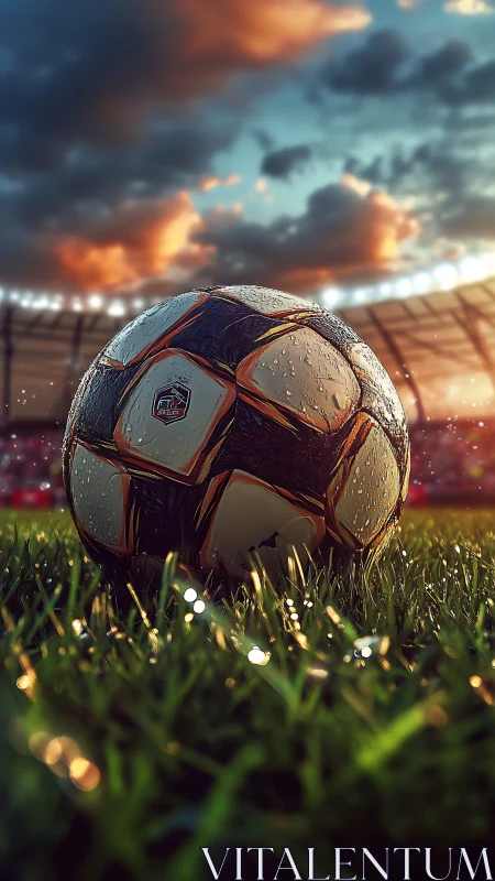 Close-up stadium soccer ball with dew on grass at sunset