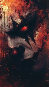Demonic clown closeup with cracked white greasepaint and ember eye