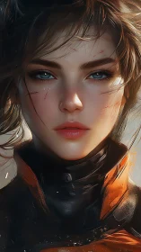 Scarred space pilot meets viewer with calm, unbroken gaze