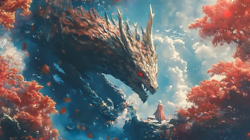 Hero confronts colossal dragon amid crimson autumn dreamscape