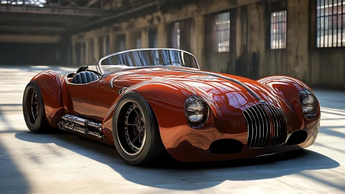 Red retro-style roadster sits in sunlit industrial hall