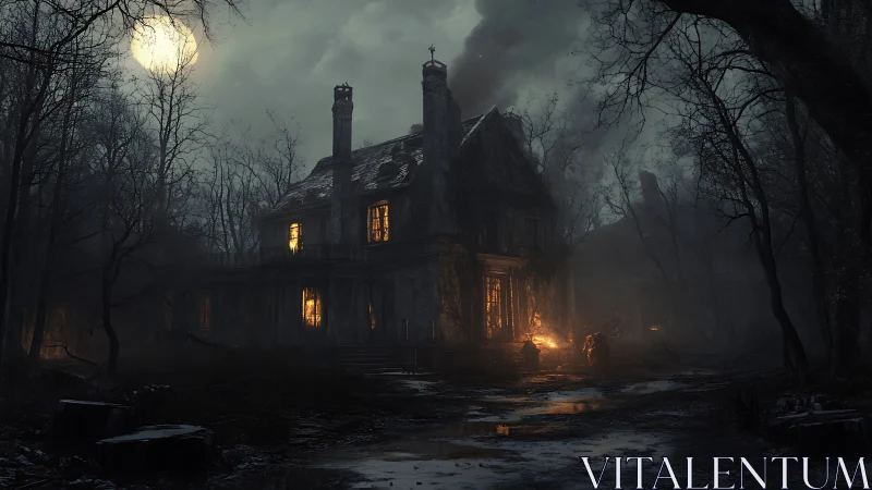 Moonlit ruin broods over a firelit path to haunted doors.