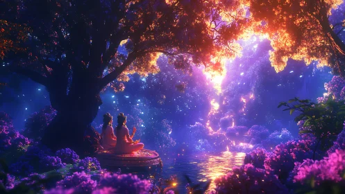 Digital painting of mystical figures meditating in luminous grove.