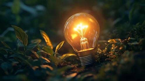 Glowing Light Bulb in Lush Green Forest, Nature Concept Photo.