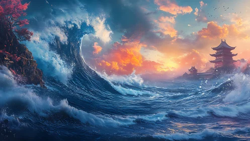 Towering ocean wave crowns a serene sunset temple seascape