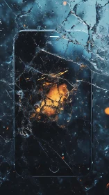 Shattered smartphone glass with fiery bokeh core glow.