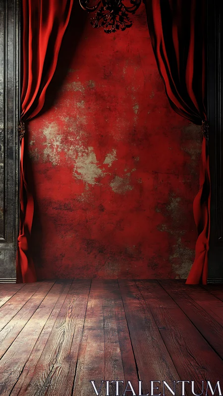 Stage with red curtains framing distressed red wall