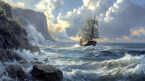 Square-rigged tall ship in storm-sculpted coastal seascape