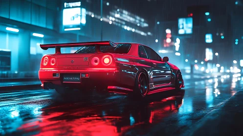 Neon-lit Nissan GT-R R34 rendered in cinematic rainy streets.