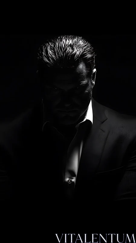 Low key portrait of suited man in dramatic side lighting.
