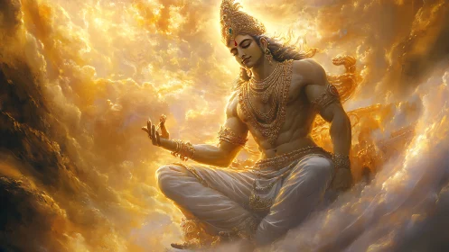 Divine celestial warrior meditating in radiant golden clouds.