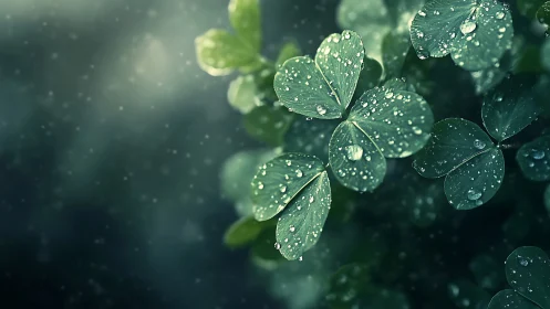 Dew-covered clover leaves glisten against soft teal bokeh