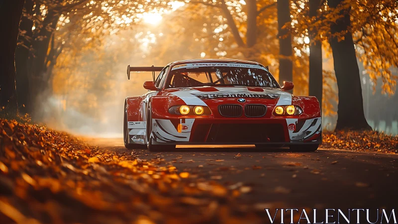 GT race BMW framed by autumnal tunnel of diffused light.