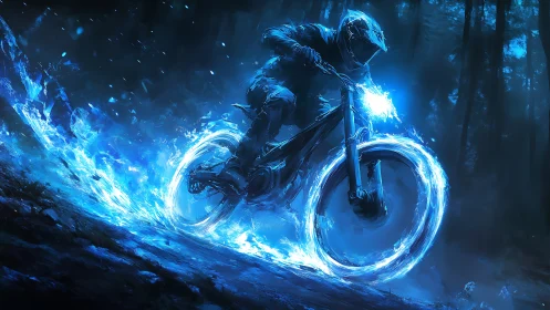 Mountain biker rides through glowing blue energy trail