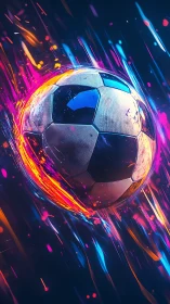 Electric soccer ball racing through neon streaks of color.