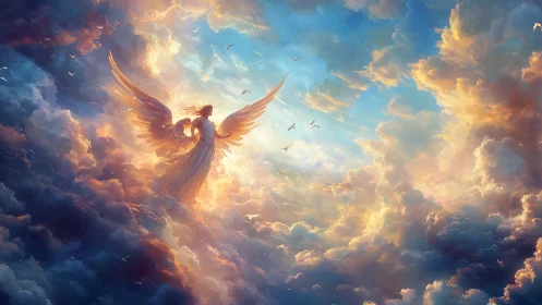 Radiant winged angel ascending through luminous storm clouds.