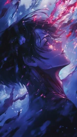 Luminous anime portrait drifts through cosmic blue waters