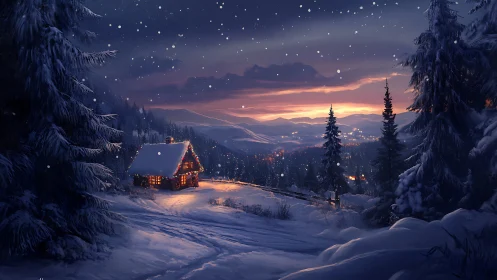 Snow-covered alpine cabin under dusk sky with layered warm lighting