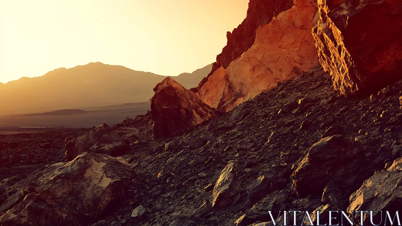 Desert escarpment under golden backlight and rugged scree field.
