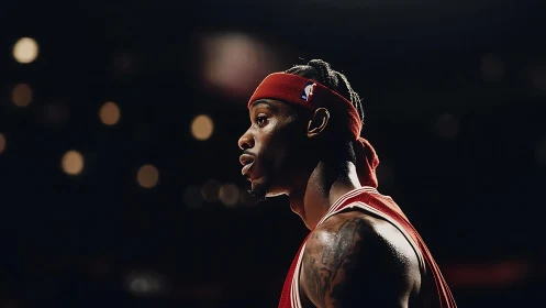 Portrait of focused basketball guard under arena lights.