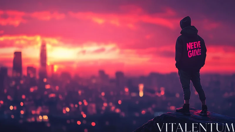 Neon-hooded dreamer watching a fire-sky city awaken.